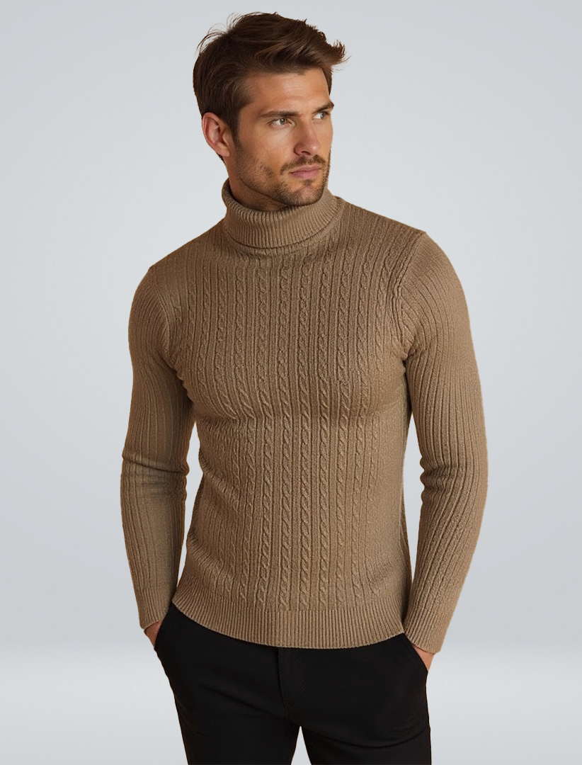 Men's Cable Knit Turtleneck Jumper with Ribbed Collar