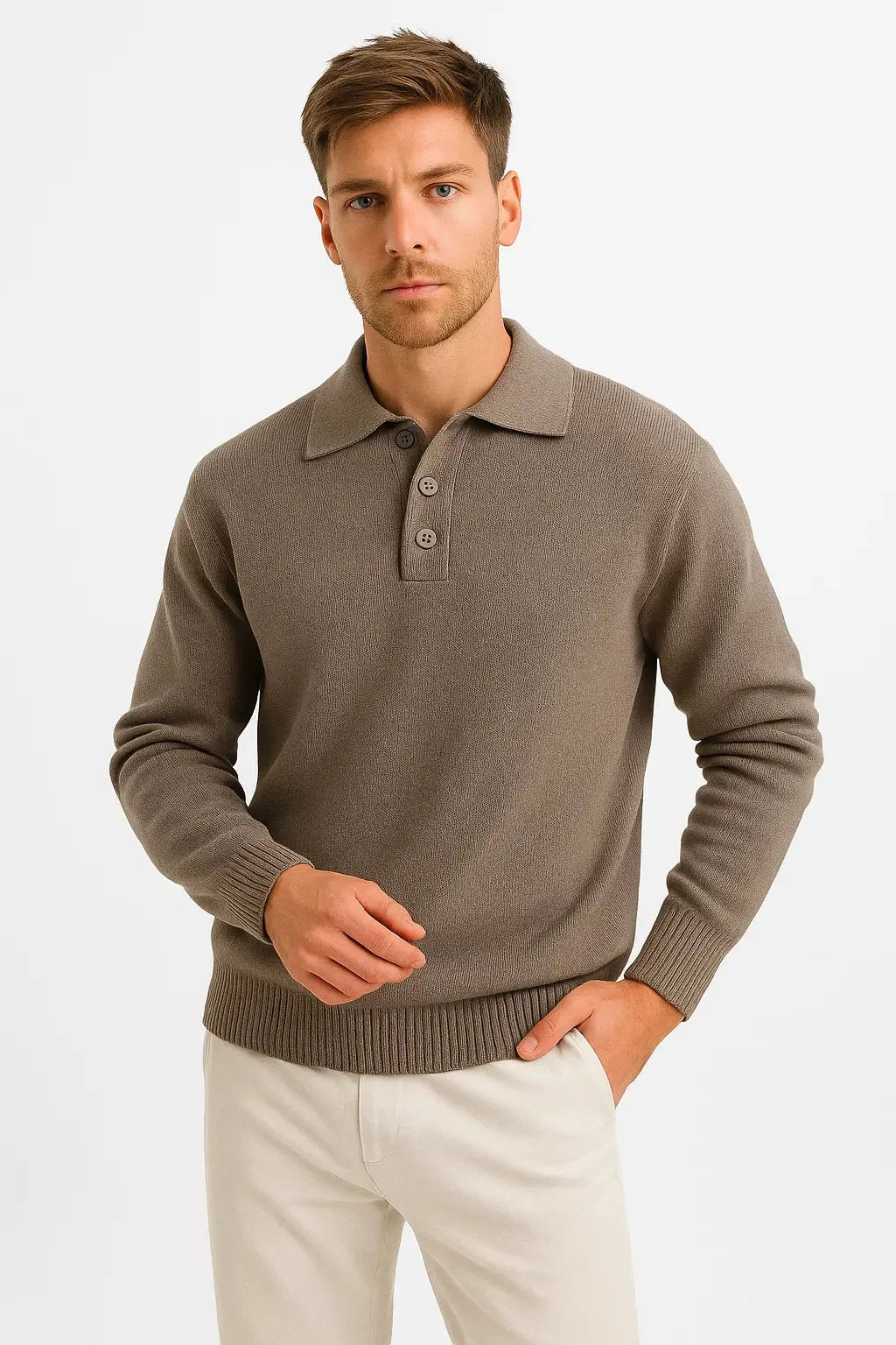 Men's Knitted Polo Jumper in Cotton-Polyester Blend