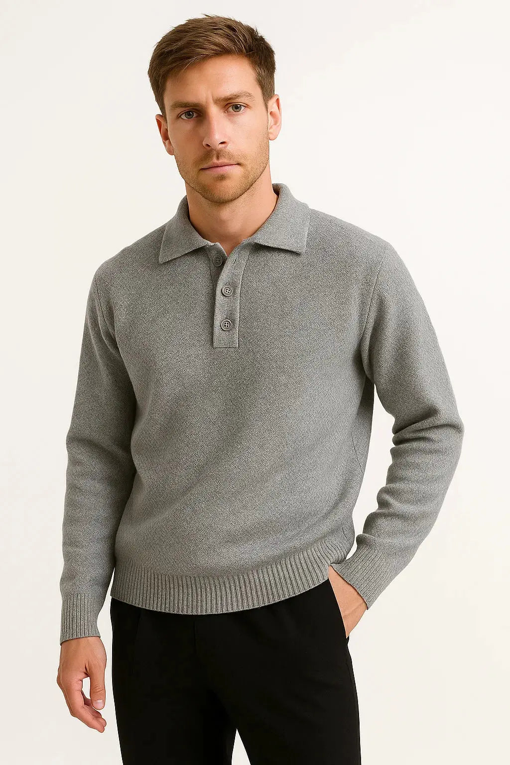 Men's Knitted Polo Jumper in Cotton-Polyester Blend