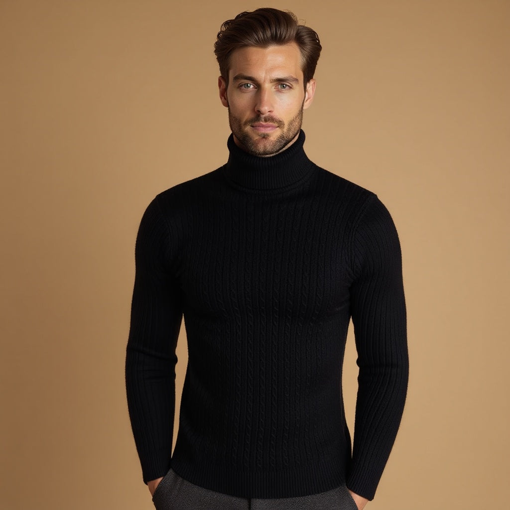 Men's Cable Knit Turtleneck Jumper with Ribbed Collar