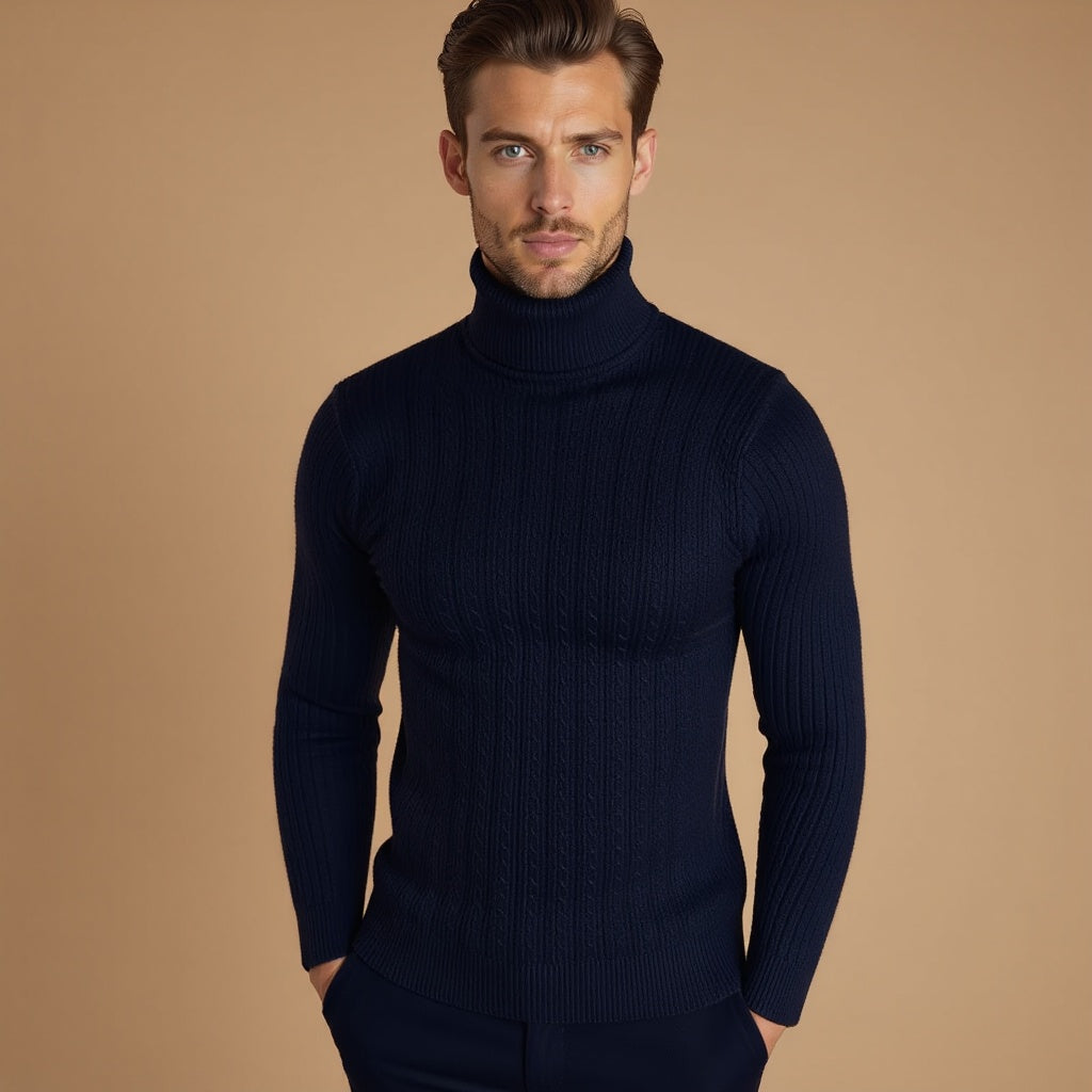 Men's Cable Knit Turtleneck Jumper with Ribbed Collar