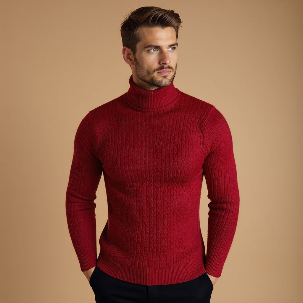 Men's Cable Knit Turtleneck Jumper with Ribbed Collar