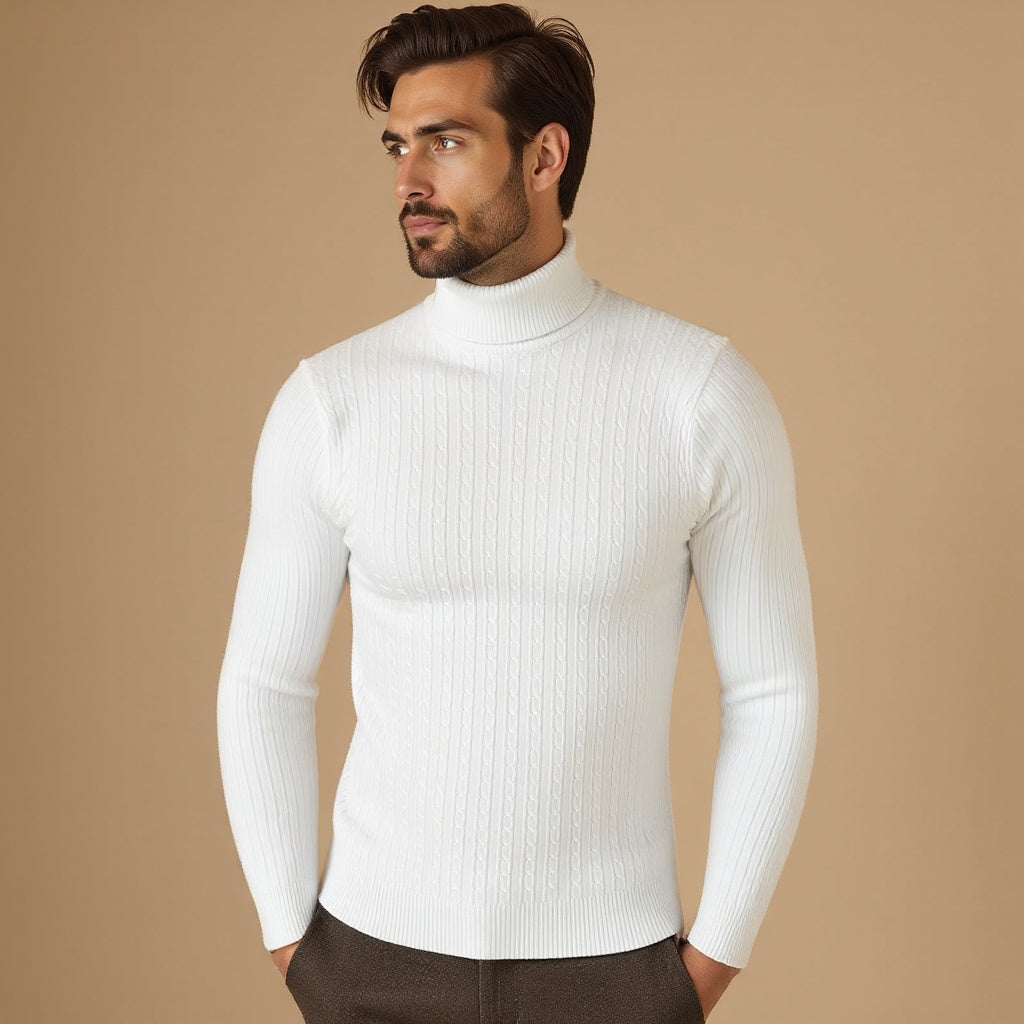 Men's Cable Knit Turtleneck Jumper with Ribbed Collar