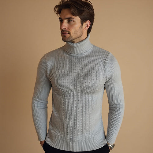 Men's Cable Knit Turtleneck Jumper with Ribbed Collar
