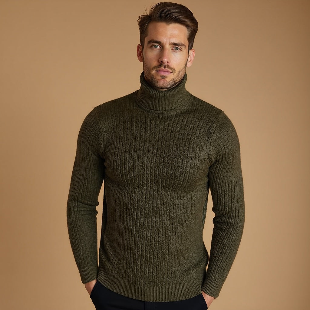 Men's Cable Knit Turtleneck Jumper with Ribbed Collar